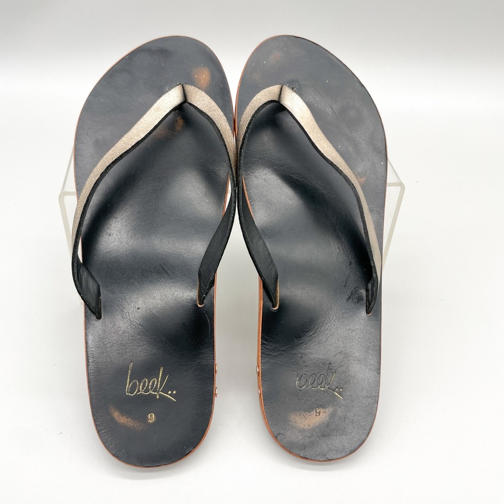 Beek Seabird Leather Flip Flop Sandals Womens 9 Black Metallic Gold Thong Flats - Picture 8 of 11